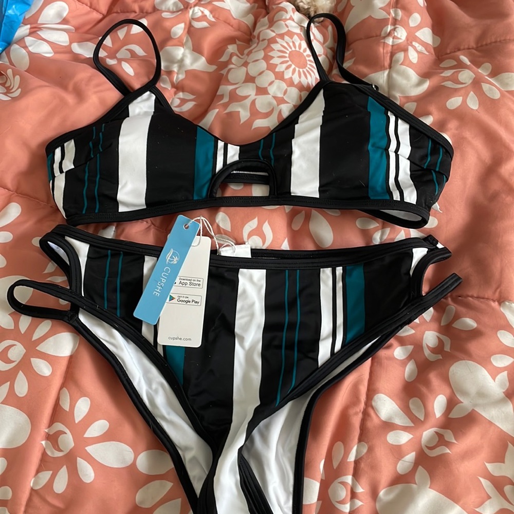 Blue White and Blacked Striped Bikini-NWT